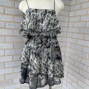 JOIE Ashanti  GRAY DRESS CHIFFON 100% SILK ABSTRACT FLORAL TIERED SIZE M